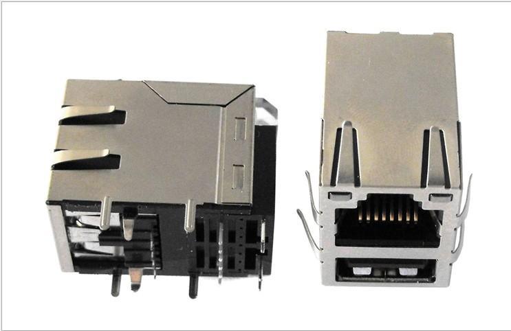 RJ45插座+单层USB网络接口带滤波器